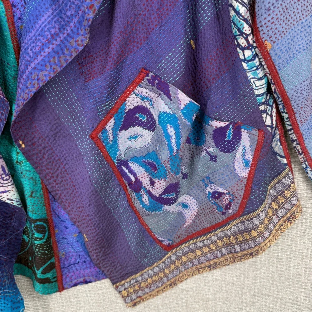 Mieko Mintz Kantha Silk Patchwork Jacket Womens Large Blue‎ Purple Boho Artisan